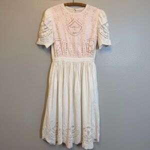 Vintage White Eyelet Dress Short Puff Sleeve Tiered Lace Midi Medium Retro 70s